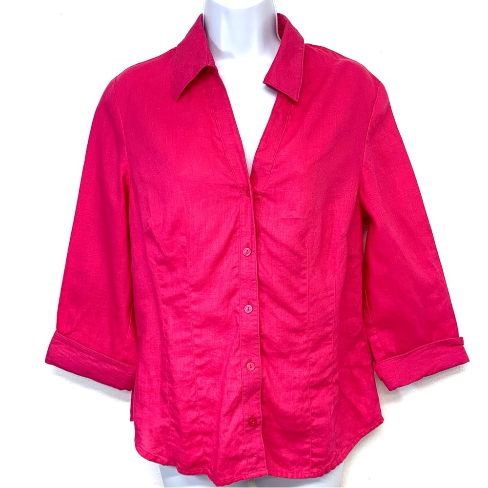 Style Co Button Front Hot Pink‎ 100% Linen Blouse Top Woman 10 3/4 Sleeve Travel
